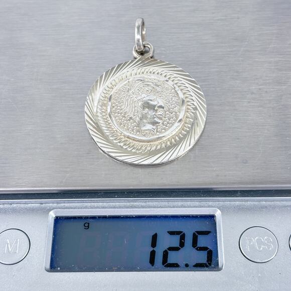 Vintage Sterling Silver 925 Mexico Aztec Warrior Coin Medallion Pendant - Picture 8 of 8